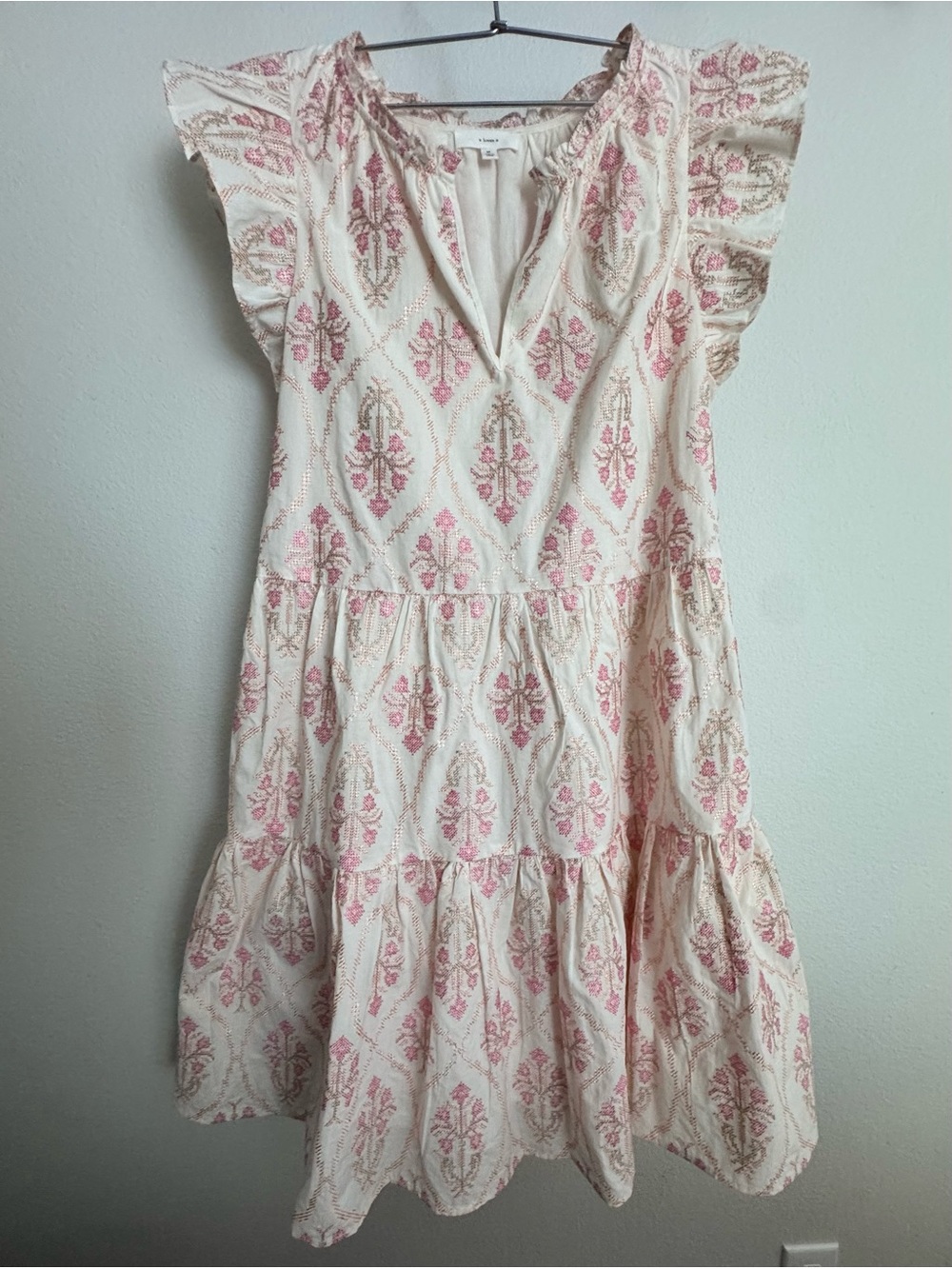 Cream and Pink embroidered Tiered Dress